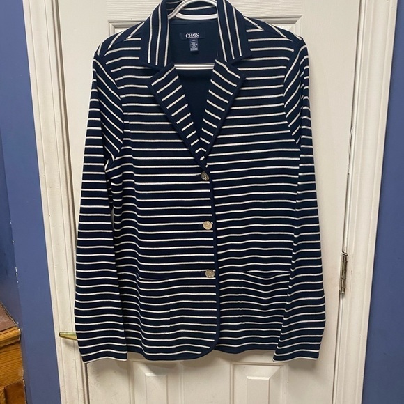 Chaps women stripe long cardigan navy blue and white size large career business - Picture 2 of 9